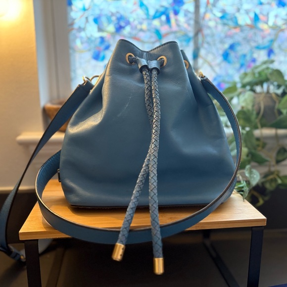 Cole Haan Soft Blue Leather Bucket Crossbody with Braided Drawstrings - Picture 4 of 12